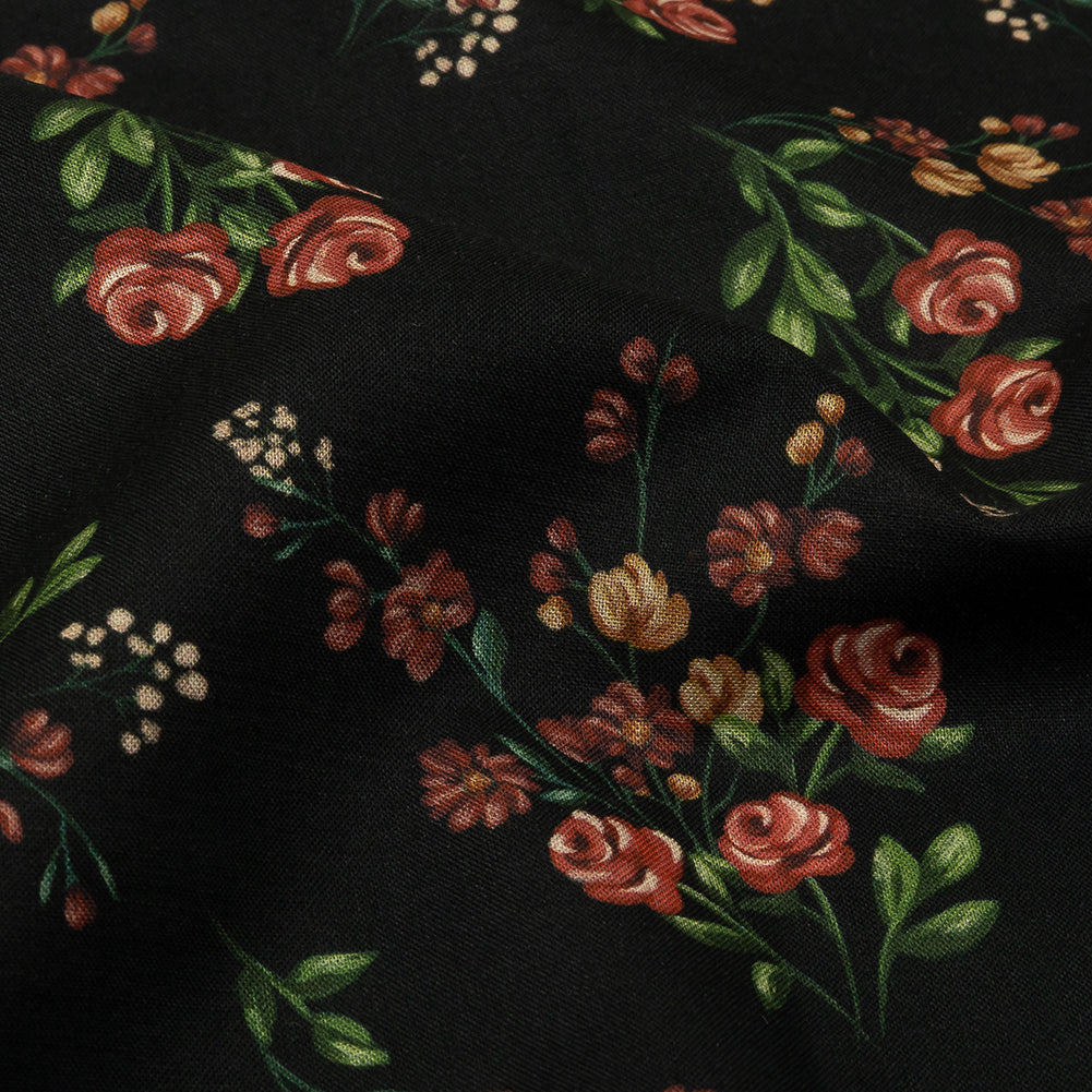 Cotton Voile - Black and Pink Floral - Mason Jar Bouquet Print - Mood Exclusive Rockland Collection - Detail
