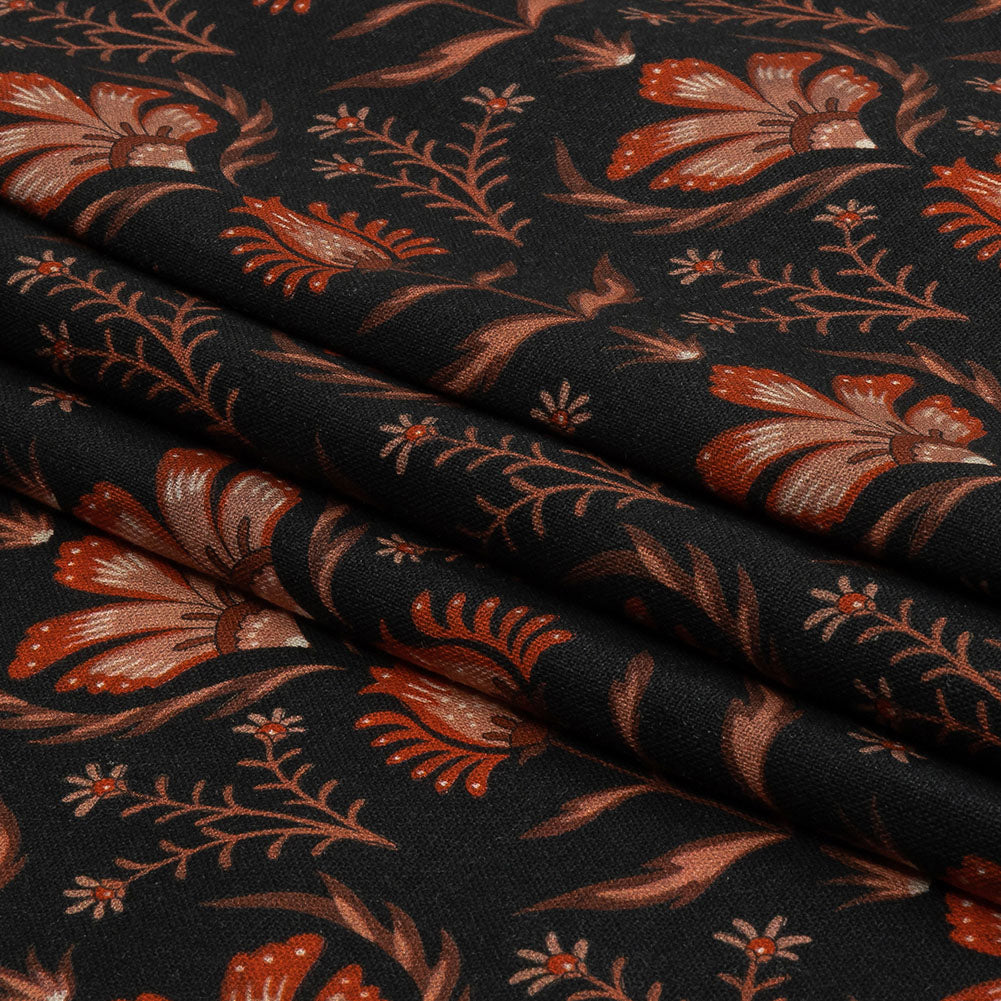 Linen and Rayon Woven - Black and Orange Floral - Watching the Fire Print - Mood Exclusive Rockland Collection