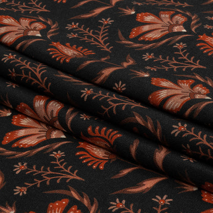 Linen and Rayon Woven - Black and Orange Floral - Watching the Fire Print - Mood Exclusive Rockland Collection