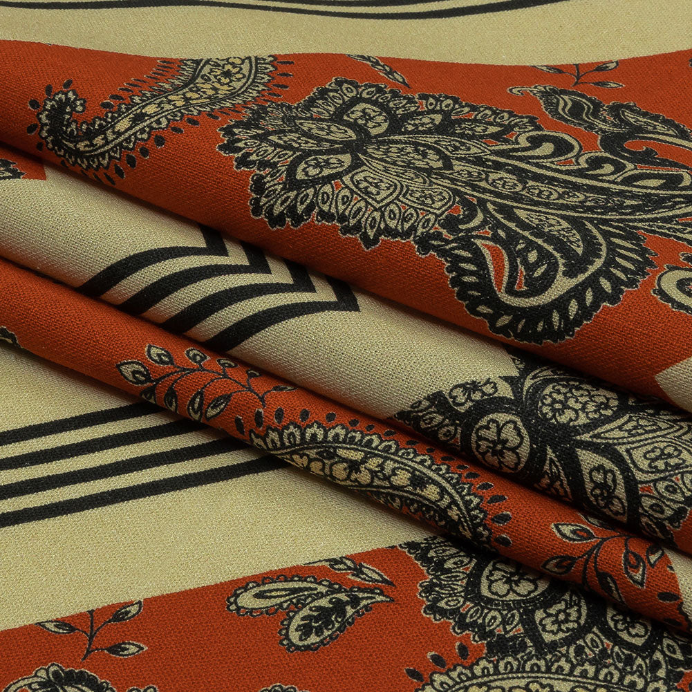 Linen and Rayon Woven - White and Orange Paisley and Chevron - Well Travelled Trails Print - Mood Exclusive Rockland Collection - Folded