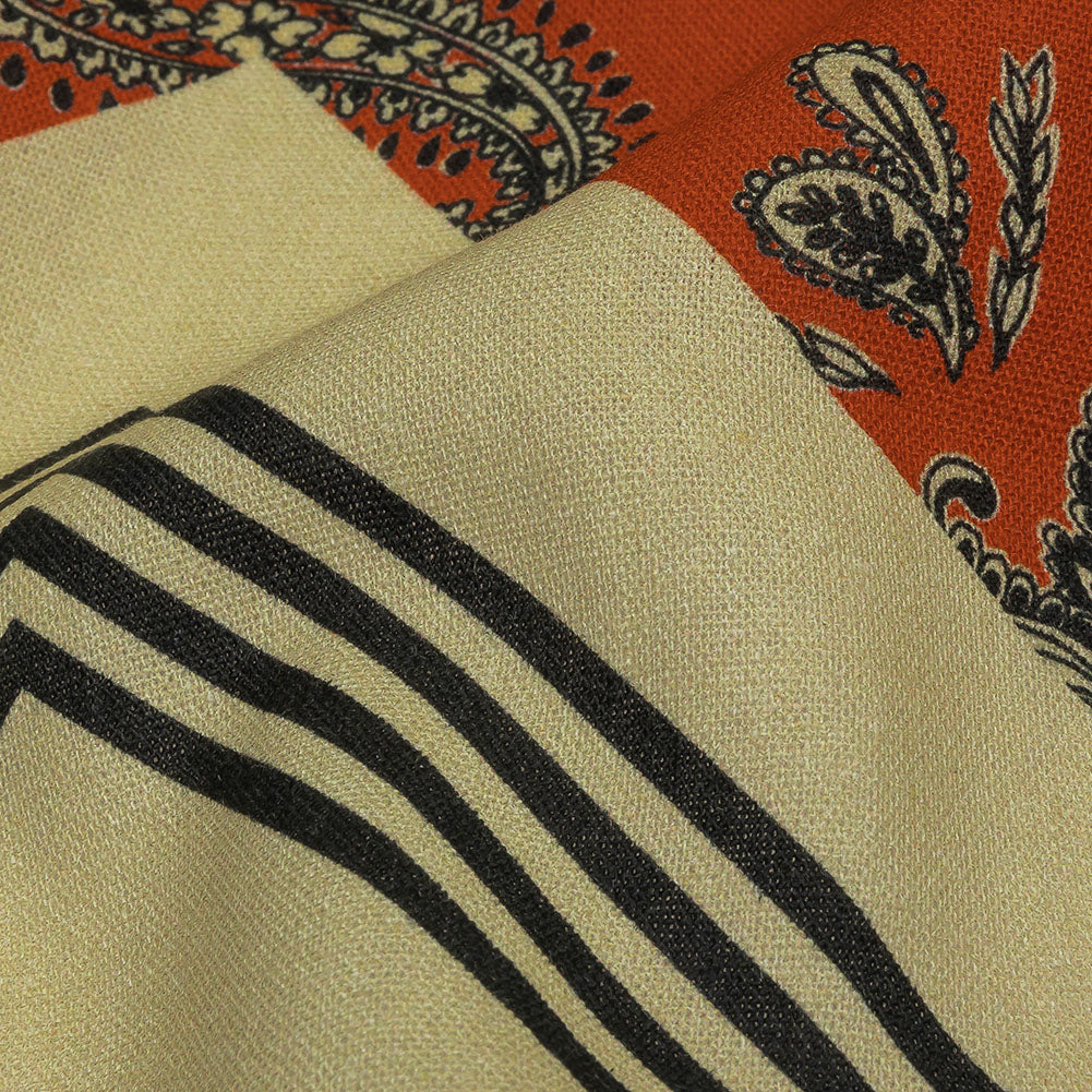 Linen and Rayon Woven - White and Orange Paisley and Chevron - Well Travelled Trails Print - Mood Exclusive Rockland Collection - Detail