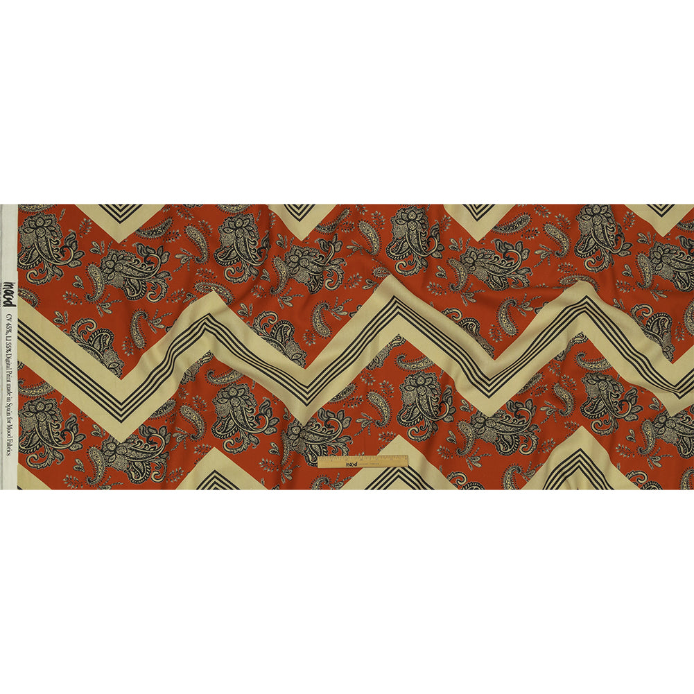 Linen and Rayon Woven - White and Orange Paisley and Chevron - Well Travelled Trails Print - Mood Exclusive Rockland Collection - Full