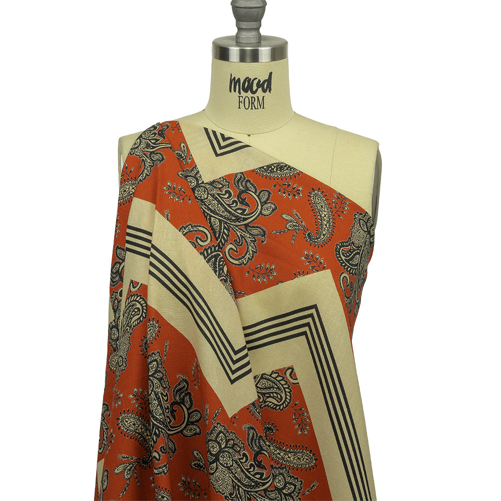 Linen and Rayon Woven - White and Orange Paisley and Chevron - Well Travelled Trails Print - Mood Exclusive Rockland Collection - Drape
