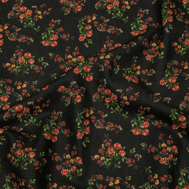 Linen and Rayon Woven - Black and Pink Floral - Mason Jar Bouquet Print - Mood Exclusive Rockland Collection
