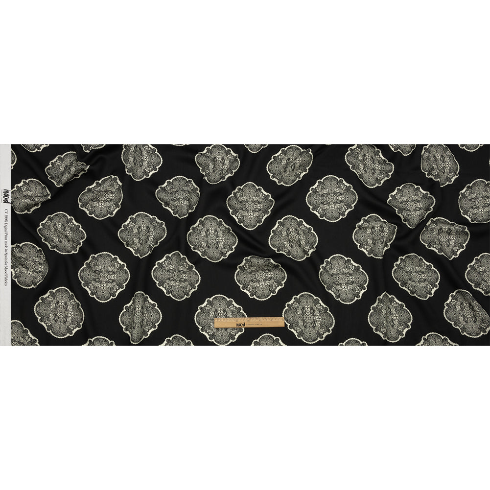 Rayon Challis - Black Lacy Medallions - Cathedral Windows Print - Mood Exclusive Metro Collection