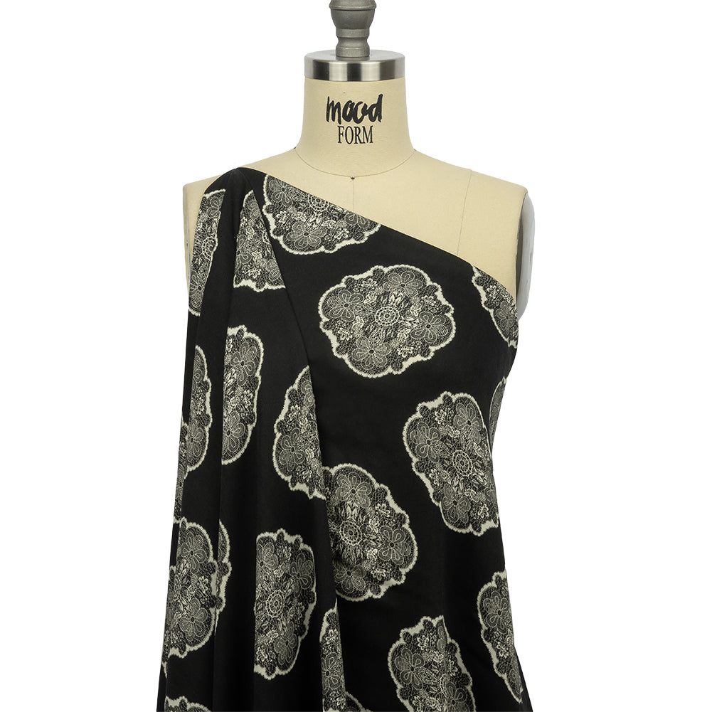 Rayon Challis - Black Lacy Medallions - Cathedral Windows Print - Mood Exclusive Metro Collection