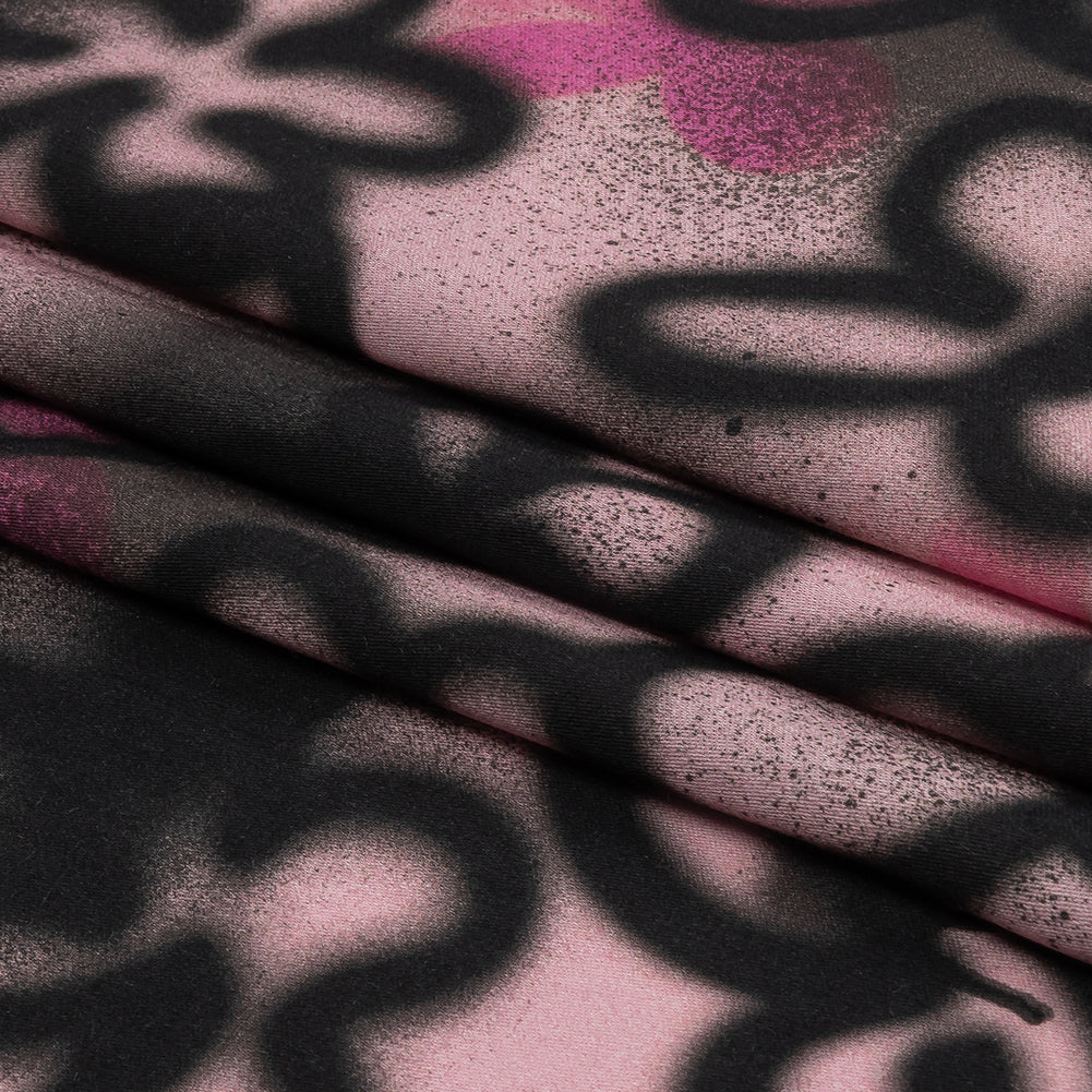 Rayon Challis - Pink and Black Spraypaint Floral - Street Sketch Print - Mood Exclusive Metro Collection - Folded