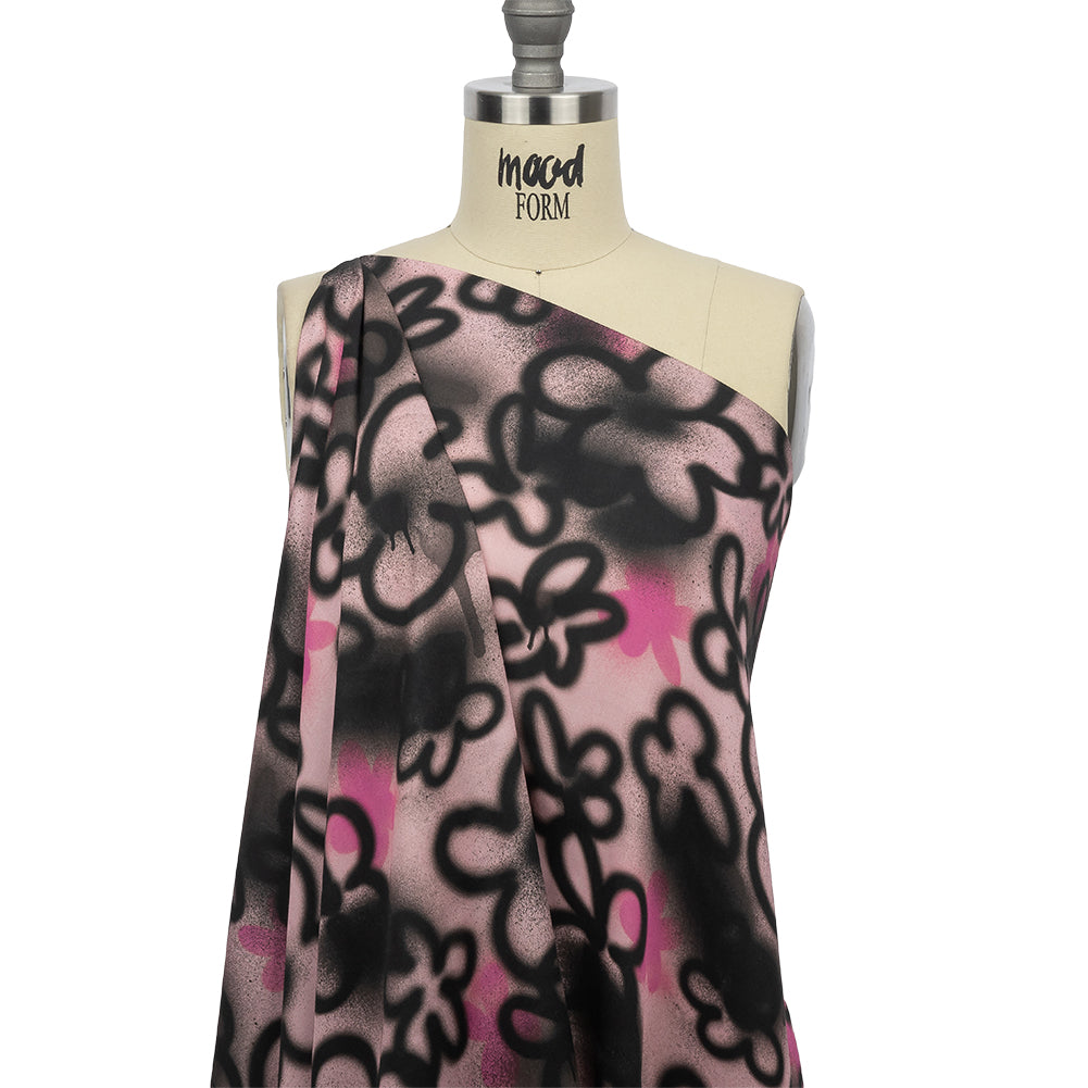 Rayon Challis - Pink and Black Spraypaint Floral - Street Sketch Print - Mood Exclusive Metro Collection - Drape