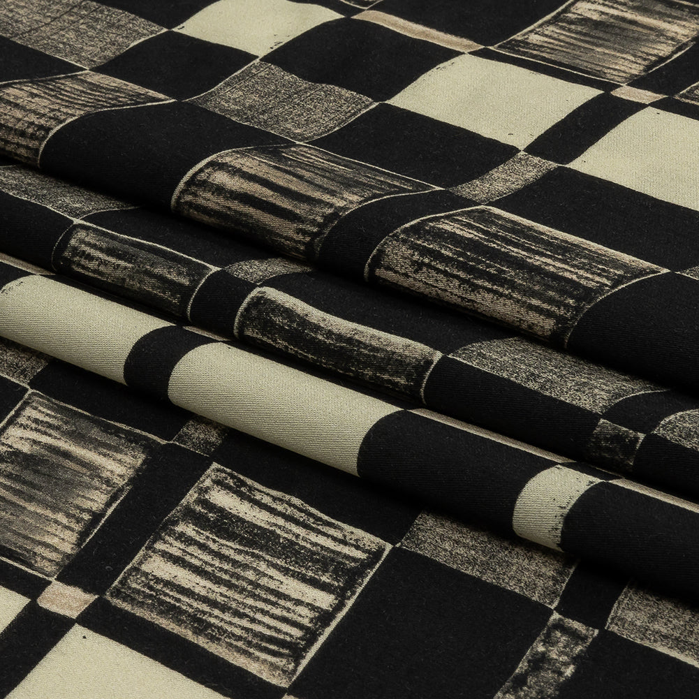 Rayon Challis - Black and White Checks - City Blocked Print - Mood Exclusive Metro Collection - Folded