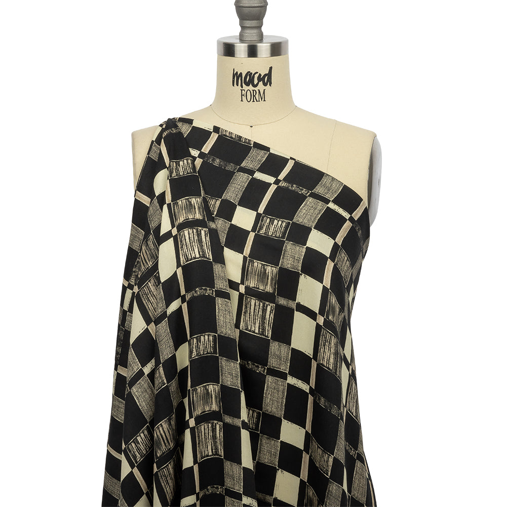 Rayon Challis - Black and White Checks - City Blocked Print - Mood Exclusive Metro Collection - Drape
