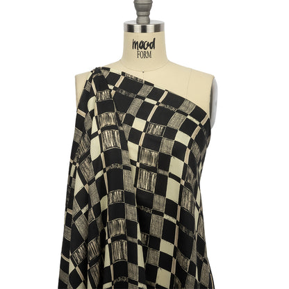 Rayon Challis - Black and White Checks - City Blocked Print - Mood Exclusive Metro Collection