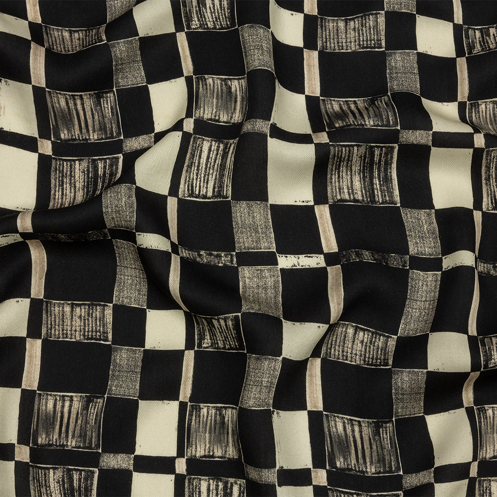 Rayon Challis - Black and White Checks - City Blocked Print - Mood Exclusive Metro Collection
