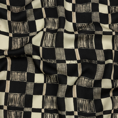 Rayon Challis - Black and White Checks - City Blocked Print - Mood Exclusive Metro Collection