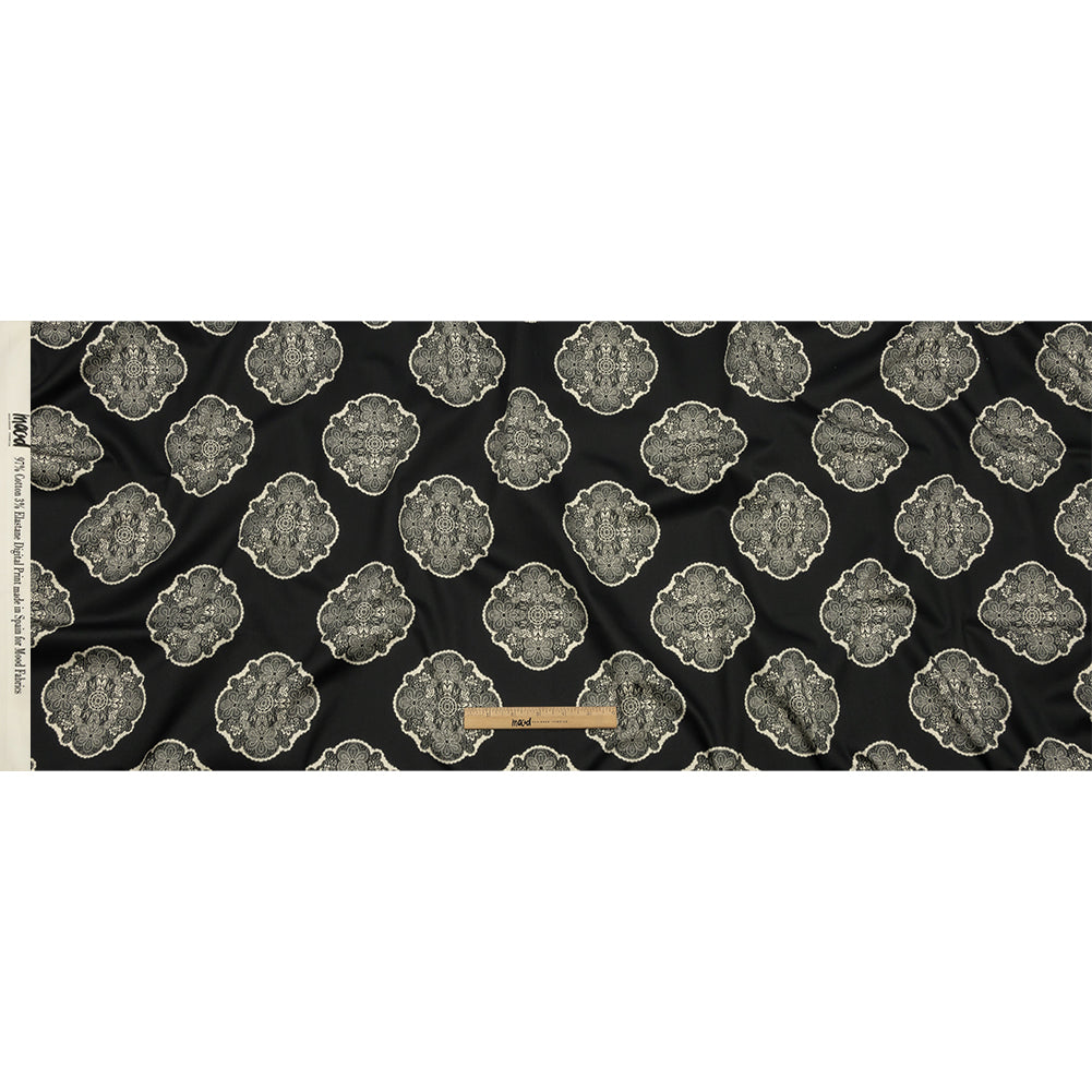 Stretch Cotton Sateen - Black Lacy Medallions - Cathedral Windows Print - Mood Exclusive Metro Collection