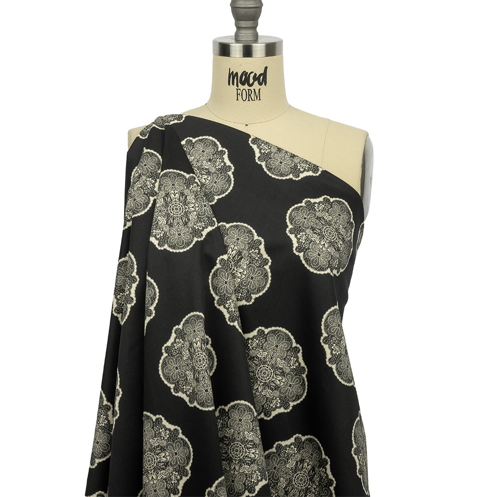 Stretch Cotton Sateen - Black Lacy Medallions - Cathedral Windows Print - Mood Exclusive Metro Collection