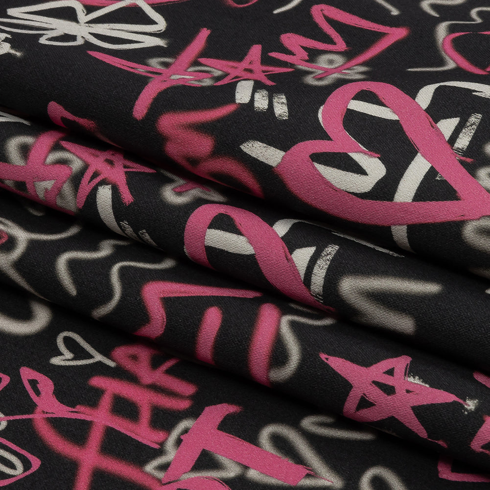 Stretch Cotton Sateen - Pink and Black Graffiti Doodles - Spontaneous Collaboration Print - Mood Exclusive Metro Collection - Folded