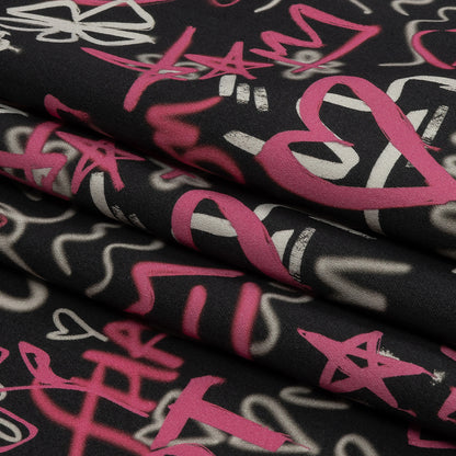 Stretch Cotton Sateen - Pink and Black Graffiti Doodles - Spontaneous Collaboration Print - Mood Exclusive Metro Collection