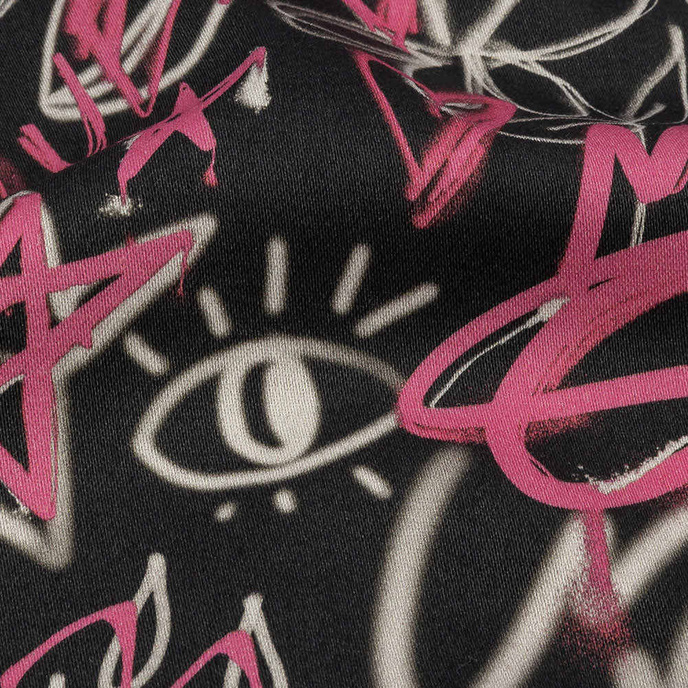 Stretch Cotton Sateen - Pink and Black Graffiti Doodles - Spontaneous Collaboration Print - Mood Exclusive Metro Collection - Detail