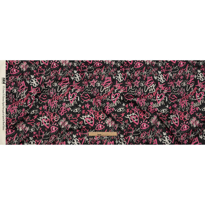 Stretch Cotton Sateen - Pink and Black Graffiti Doodles - Spontaneous Collaboration Print - Mood Exclusive Metro Collection