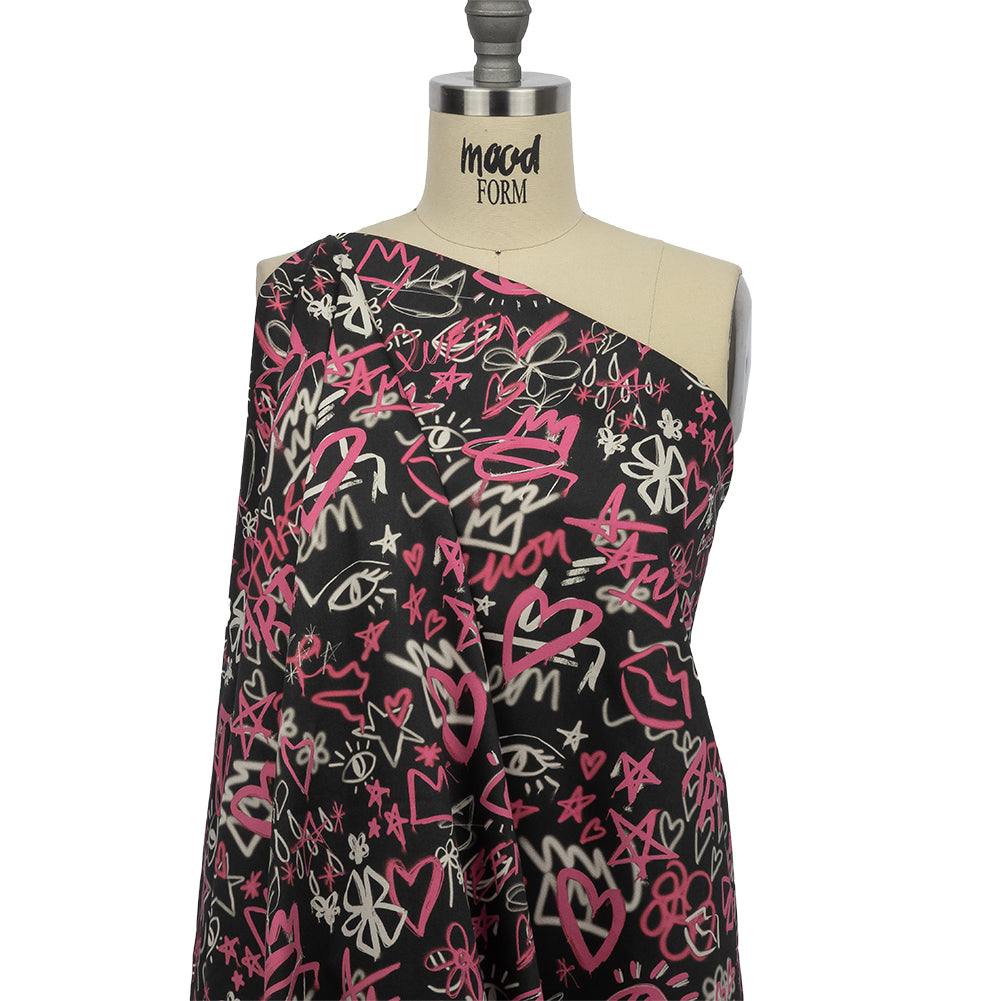 Stretch Cotton Sateen - Pink and Black Graffiti Doodles - Spontaneous Collaboration Print - Mood Exclusive Metro Collection - Drape