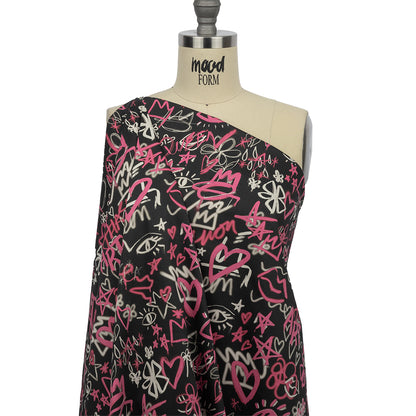 Stretch Cotton Sateen - Pink and Black Graffiti Doodles - Spontaneous Collaboration Print - Mood Exclusive Metro Collection