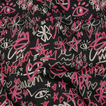 Stretch Cotton Sateen - Pink and Black Graffiti Doodles - Spontaneous Collaboration Print - Mood Exclusive Metro Collection