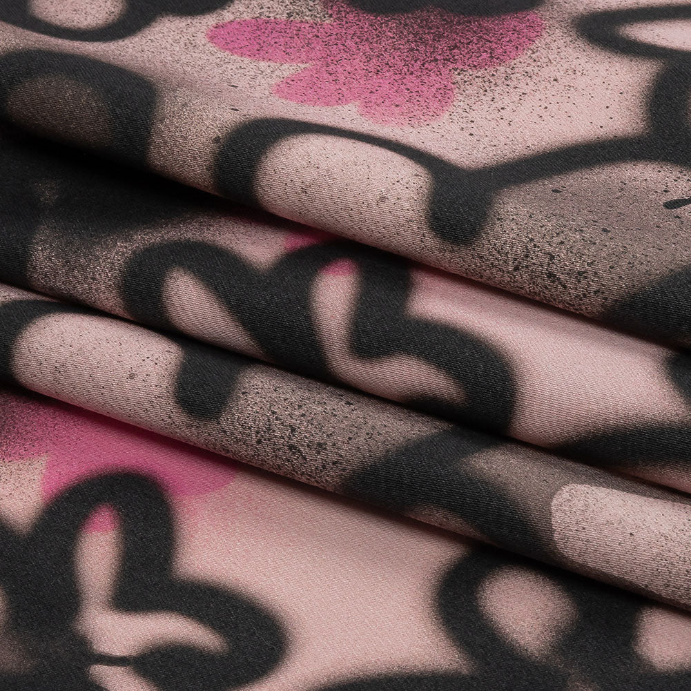 Stretch Cotton Sateen - Pink and Black Spraypaint Floral - Street Sketch Print - Mood Exclusive Metro Collection - Folded