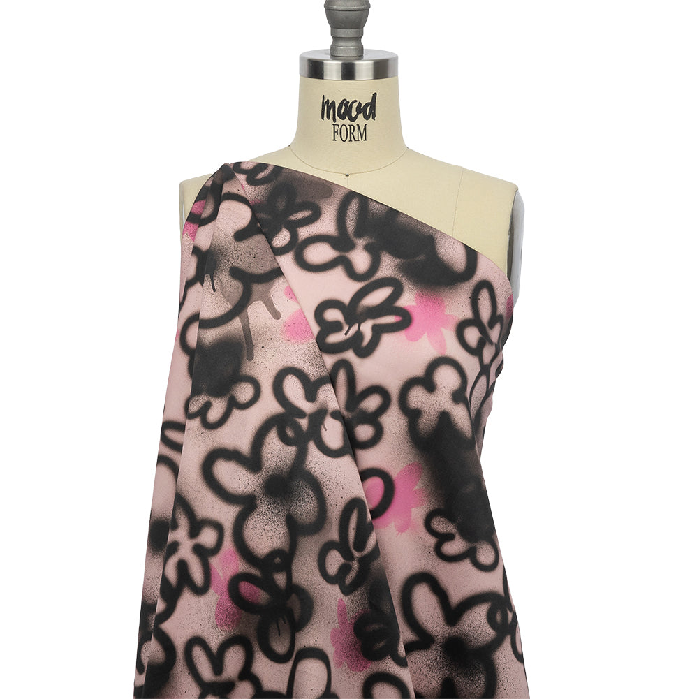 Stretch Cotton Sateen - Pink and Black Spraypaint Floral - Street Sketch Print - Mood Exclusive Metro Collection - Drape