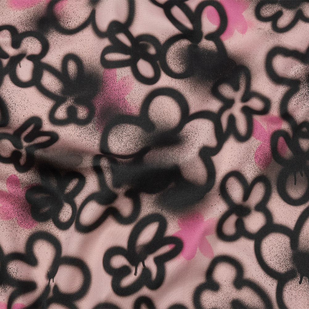 Stretch Cotton Sateen - Pink and Black Spraypaint Floral - Street Sketch Print - Mood Exclusive Metro Collection