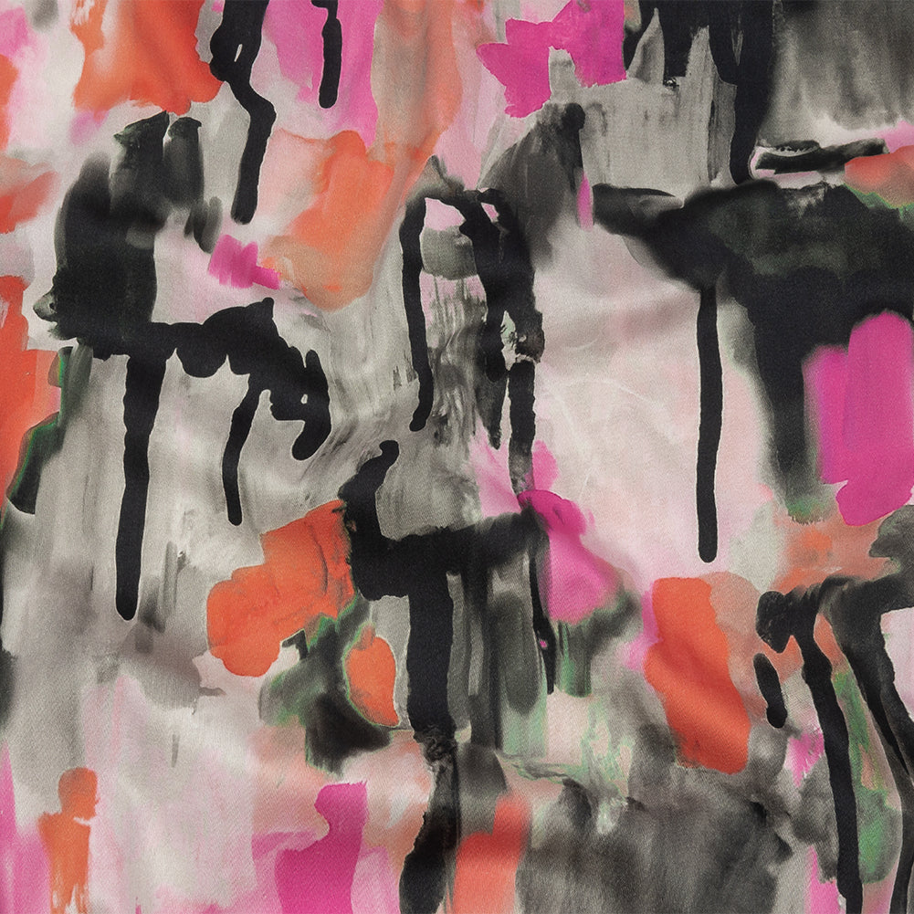 Stretch Cotton Sateen - Pink and Orange Abstract Paint Drips - Painted Aspirations Print - Mood Exclusive Metro Collection