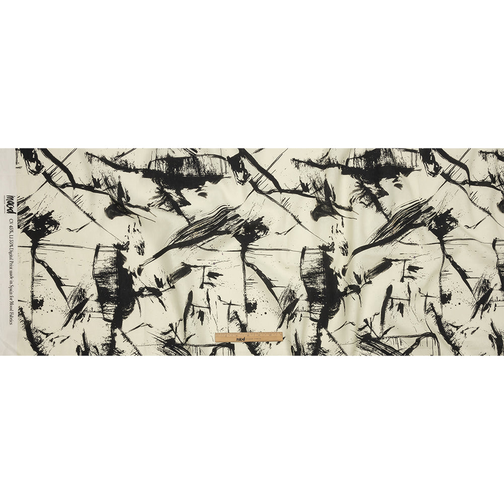 Linen and Rayon Woven - Black and Ivory Abstract - Subway Lines Print - Mood Exclusive Metro Collection - Full