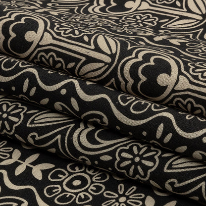Linen and Rayon Woven - Black and White Floral Rows - Park Avenue Print - Mood Exclusive Metro Collection