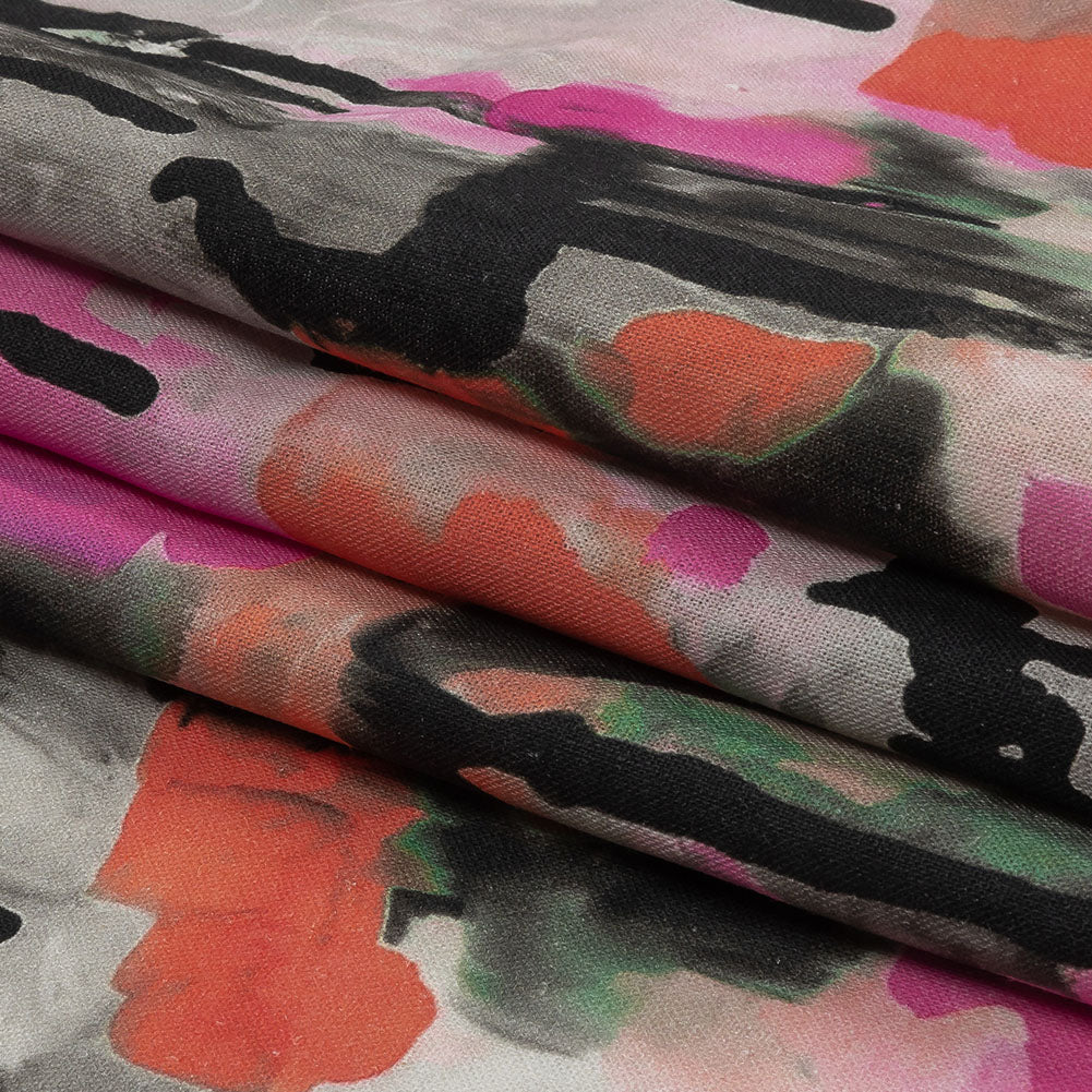 Linen and Rayon Woven - Pink and Orange Abstract Paint Drips - Painted Aspirations Print - Mood Exclusive Metro Collection