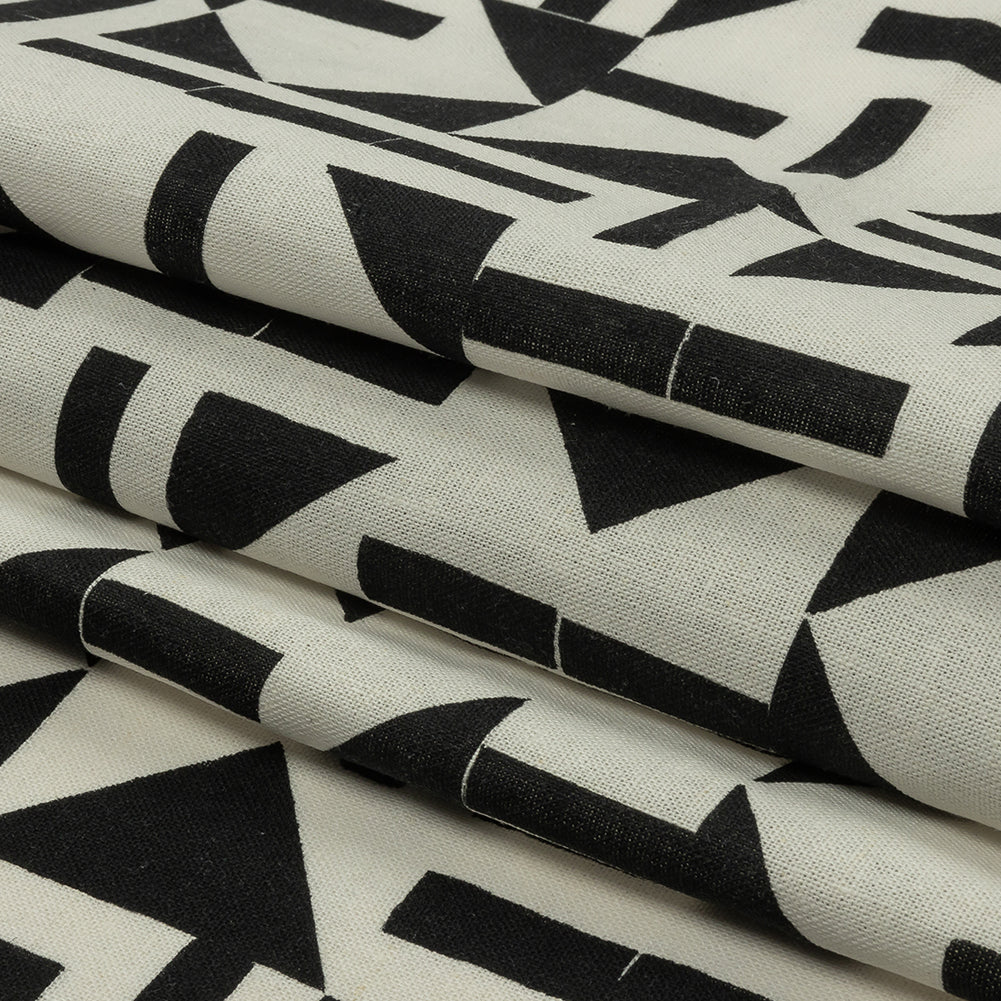 Linen and Rayon Woven - Black and White Geometric - Changing Trains Print - Mood Exclusive Metro Collection