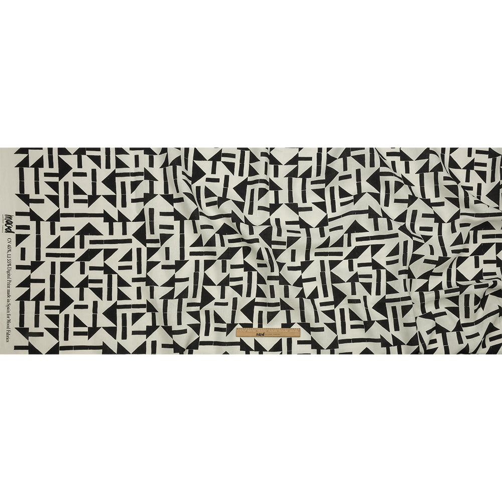 Linen and Rayon Woven - Black and White Geometric - Changing Trains Print - Mood Exclusive Metro Collection