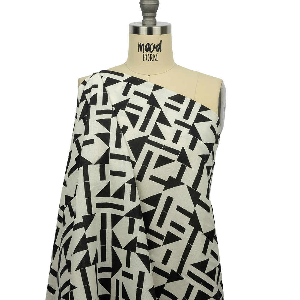 Linen and Rayon Woven - Black and White Geometric - Changing Trains Print - Mood Exclusive Metro Collection