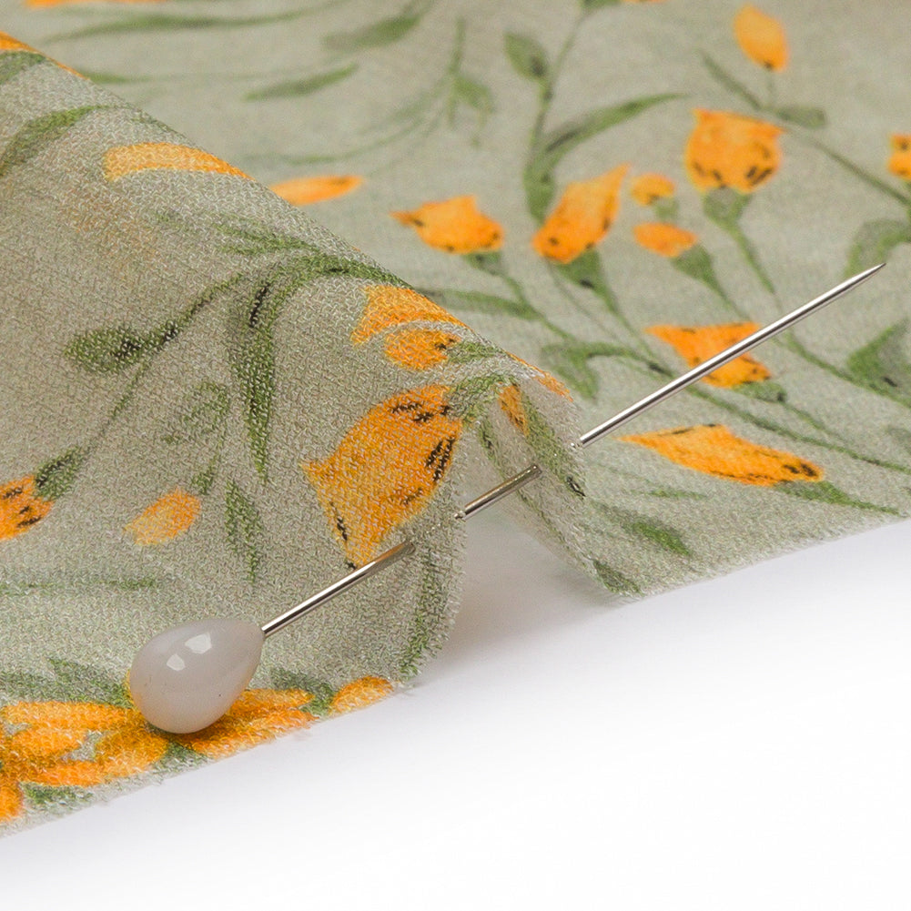Viscose Georgette - Sage and Orange Floral - Dance with the Daffodils Print - Mood Exclusive Secret Garden Collection - Detail