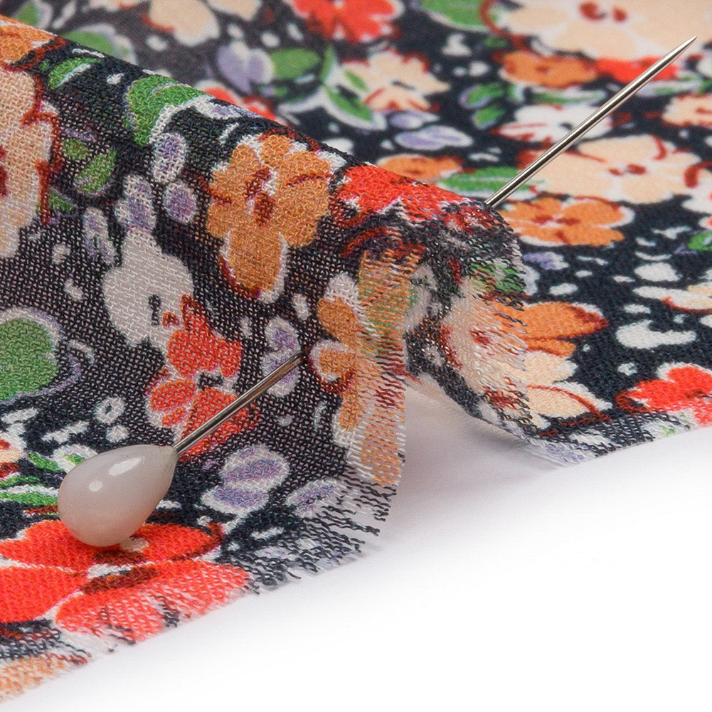 Viscose Georgette - Black and Peach Floral - Poppy Hypnosis Print - Mood Exclusive Secret Garden Collection - Detail