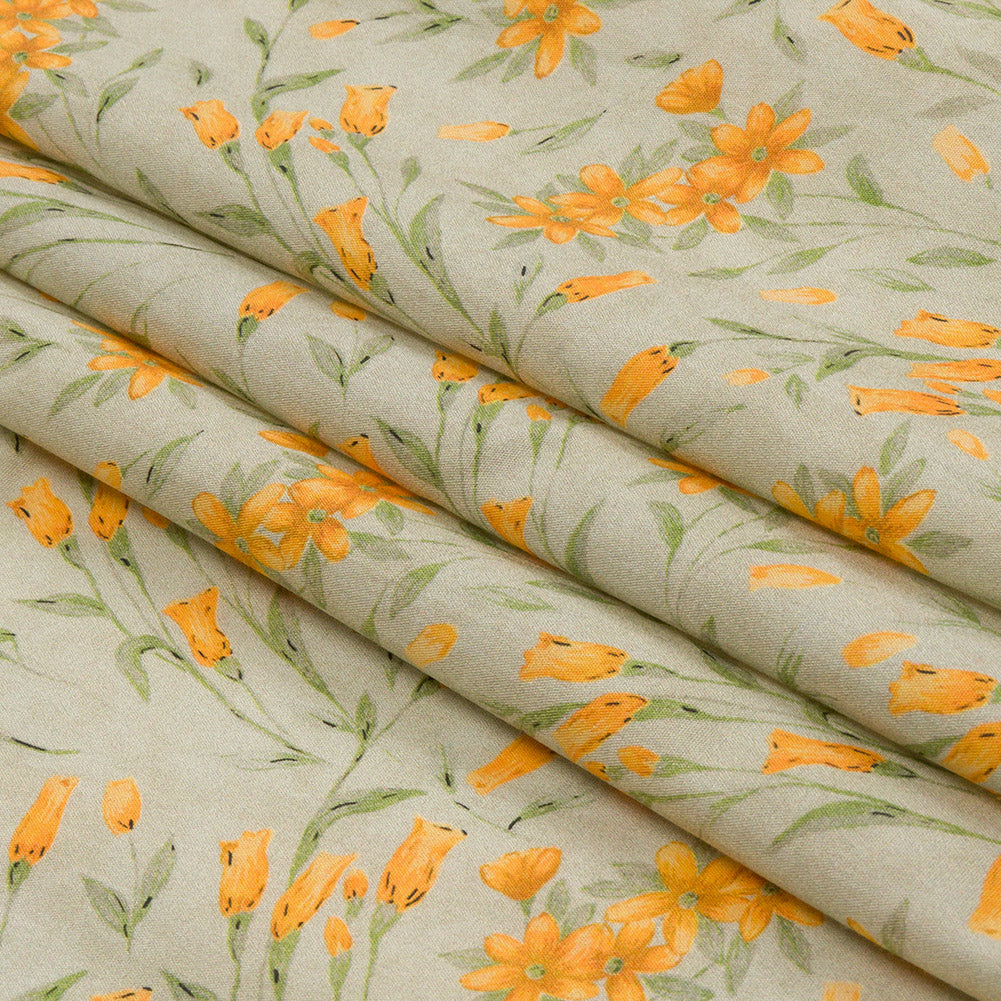 Cotton Poplin - Sage and Orange Floral - Dance with the Daffodils Print - Mood Exclusive Secret Garden Collection - Folded