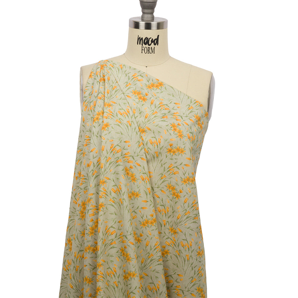 Cotton Poplin - Sage and Orange Floral - Dance with the Daffodils Print - Mood Exclusive Secret Garden Collection - Drape