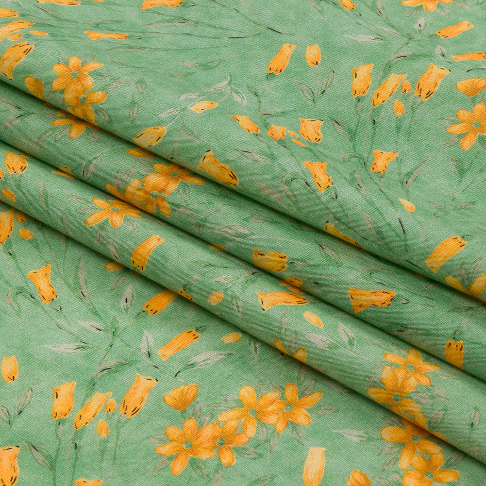 Cotton Poplin - Teal and Orange Floral - Dance with the Daffodils Print - Mood Exclusive Secret Garden Collection