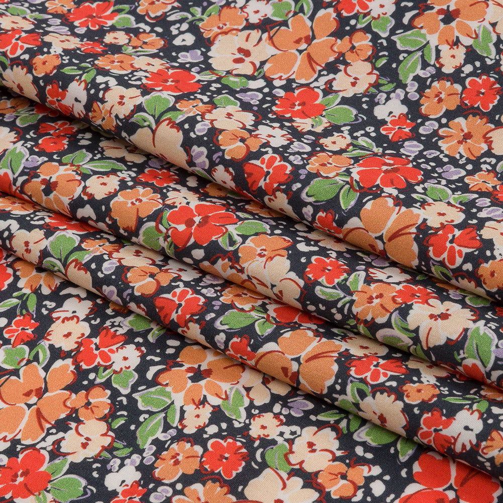 Cotton Poplin - Black and Peach Floral - Poppy Hypnosis Print - Mood Exclusive Secret Garden Collection