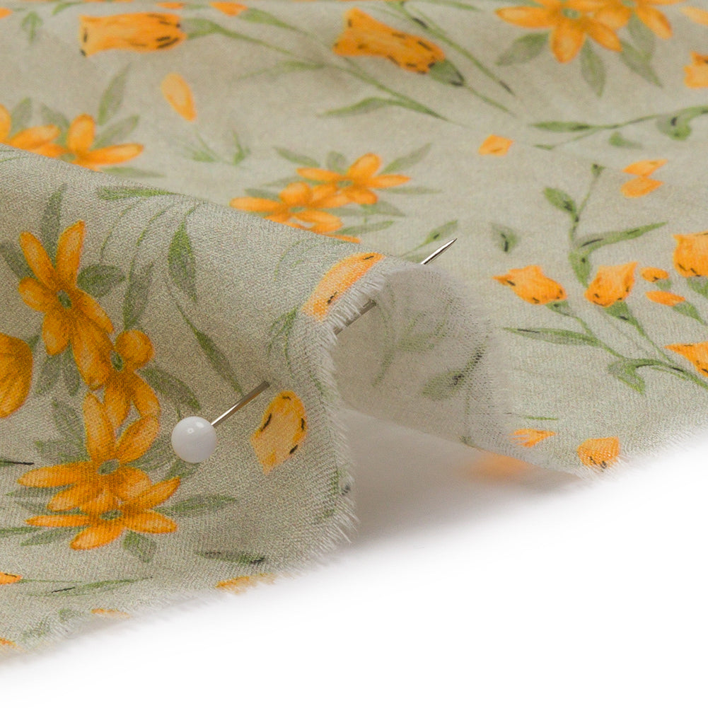 Cotton Voile - Sage and Orange Floral - Dance with the Daffodils Print - Mood Exclusive Secret Garden Collection - Detail