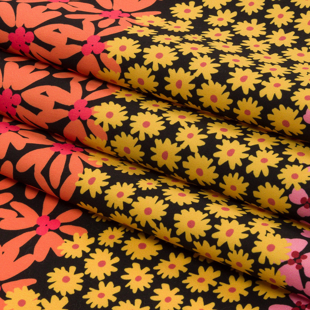 Recycled Polyester Swim Trunk Fabric - Pink, Orange and Blue Floral Stripes - Waves of Myrtle Print - Mood Exclusive Malibu Collection
