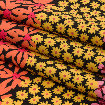 Recycled Polyester Swim Trunk Fabric - Pink, Orange and Blue Floral Stripes - Waves of Myrtle Print - Mood Exclusive Malibu Collection