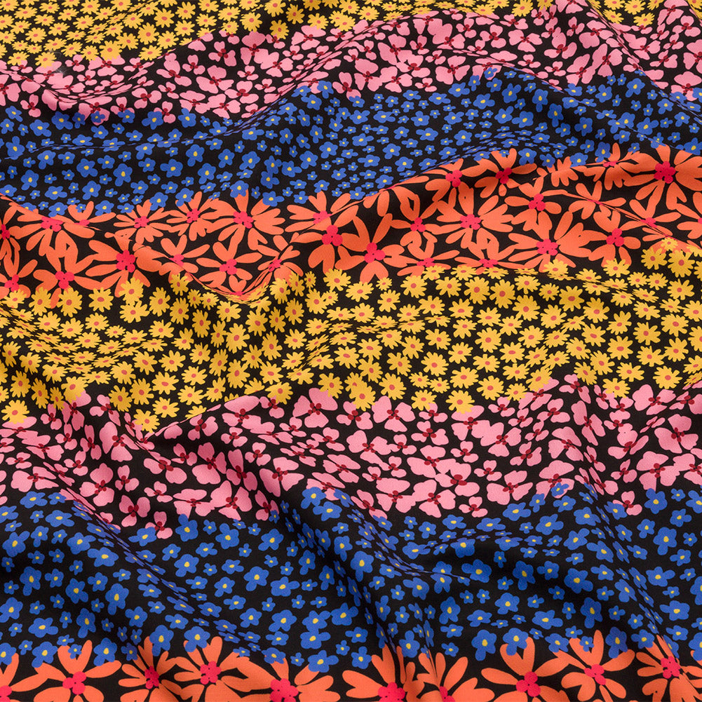 Recycled Polyester Swim Trunk Fabric - Pink, Orange and Blue Floral Stripes - Waves of Myrtle Print - Mood Exclusive Malibu Collection