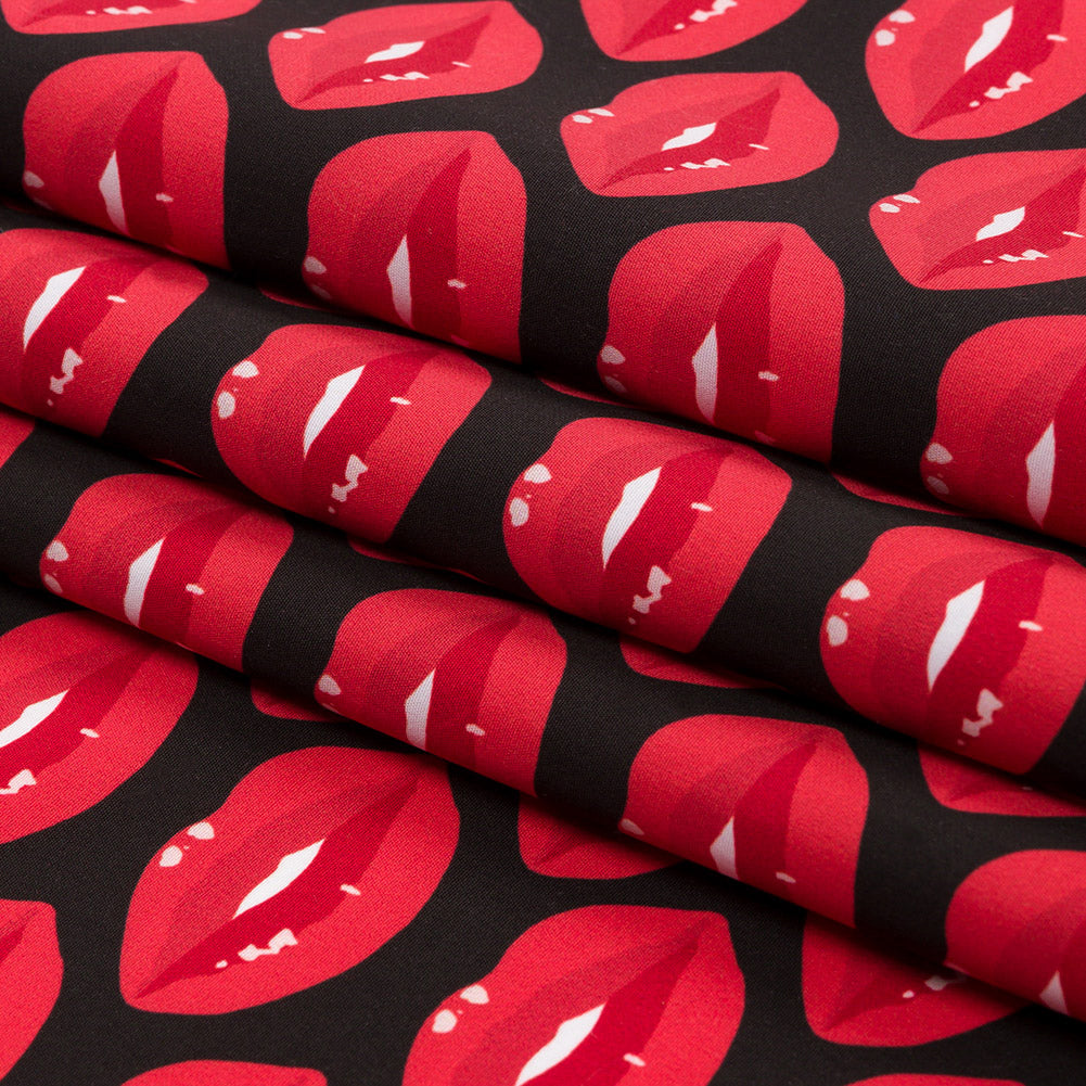 Recycled Polyester Swim Trunk Fabric - Black Smiling Lips - Black Love it Loud Print - Mood Exclusive Malibu Collection