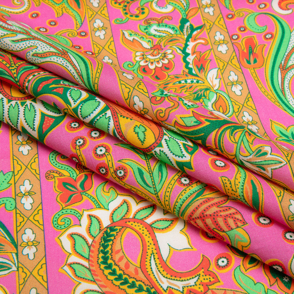Cotton Voile - Pink Floral Paisley Stripes - Locust Lily Print - Mood Exclusive Gisele Collection - Folded