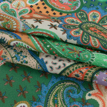 Sustainable Viscose Crepe - Green and Orange Paisley - Dragonfly Inn Print - Mood Exclusive Gisele Collection