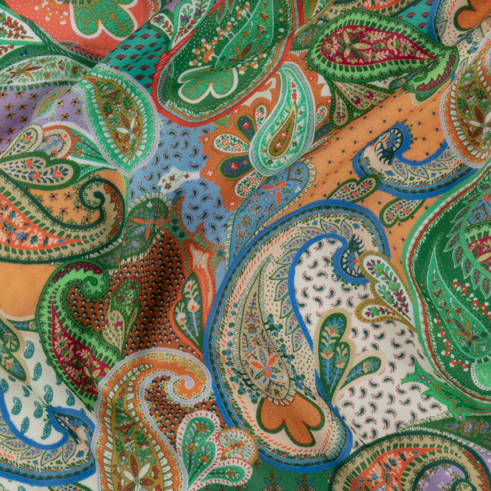 Sustainable Viscose Crepe - Green and Orange Paisley - Dragonfly Inn Print - Mood Exclusive Gisele Collection